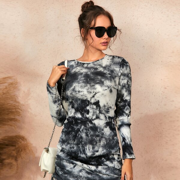 

Rib-knit Drawstring Knot Side Tie Dye Dress, Multicolor