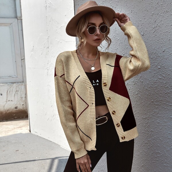 

Contrast Panel Button Up Cardigan, Apricot