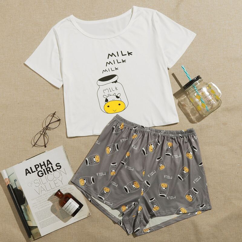

Cartoon And Letter Graphic Pajama Set, Multicolor