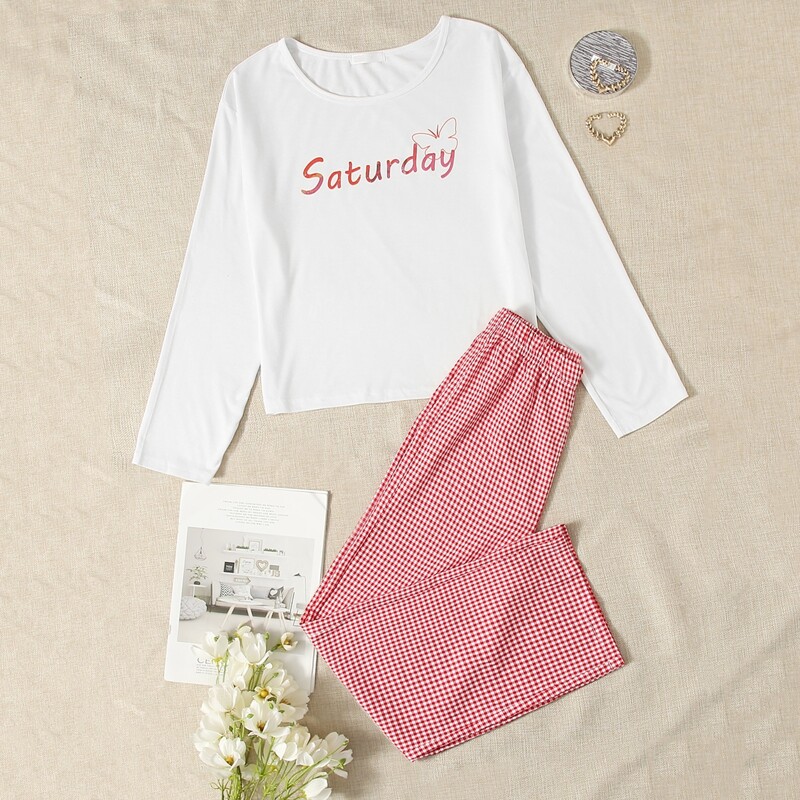 

Letter Graphic Tee & Gingham Pants PJ Set, Multicolor