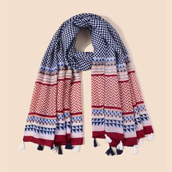 

Tassel Decor Geometric Pattern Scarf, Multicolor