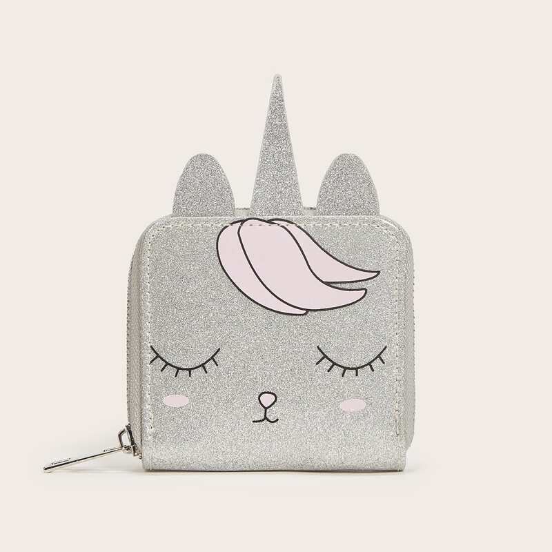 

Glitter Unicorn Design Zip Around Purse, Silver