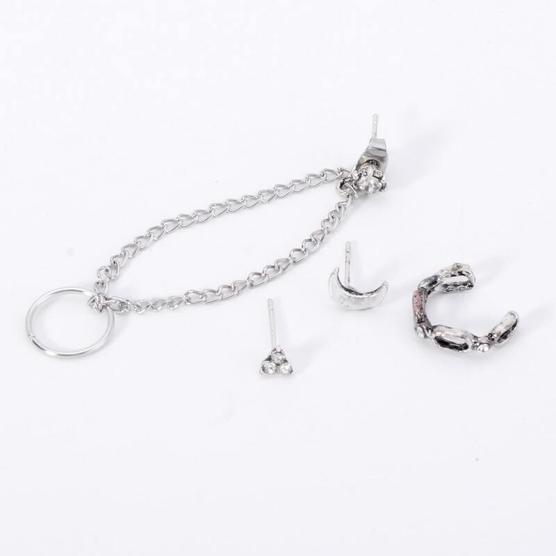 

4pcs Rhinestone & Chain Decor Earrings, Silver