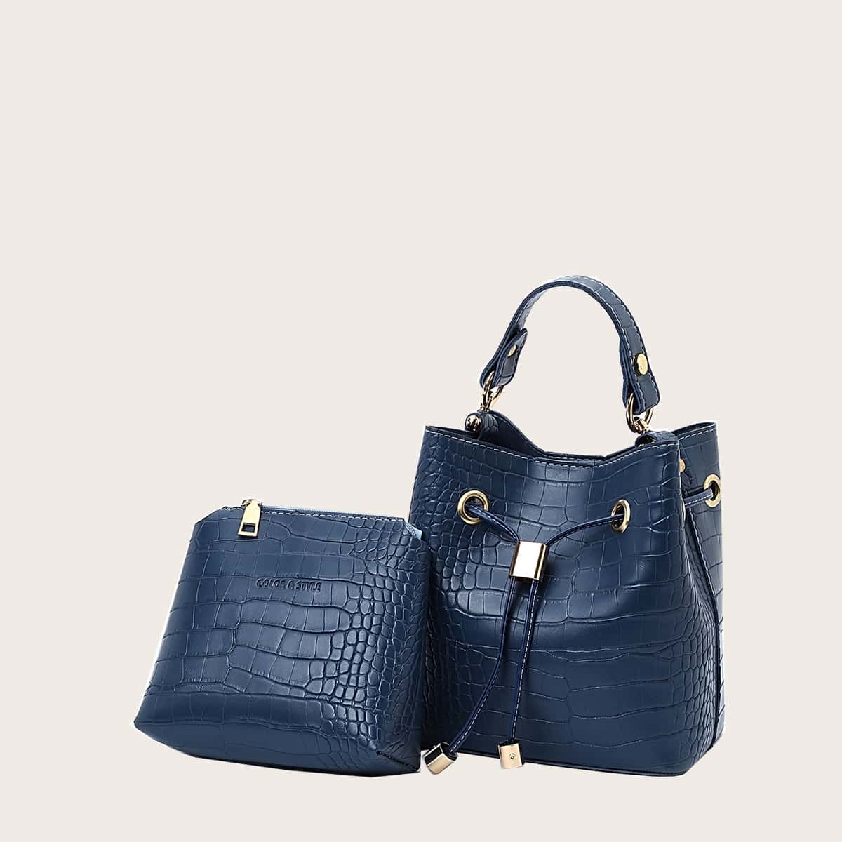 

Croc Embossed Bucket Bag With Inner Pouch, Blue