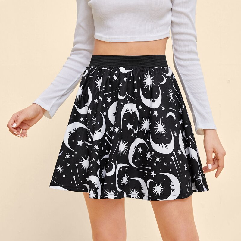 

Galaxy Print Skater Skirt, Black and white