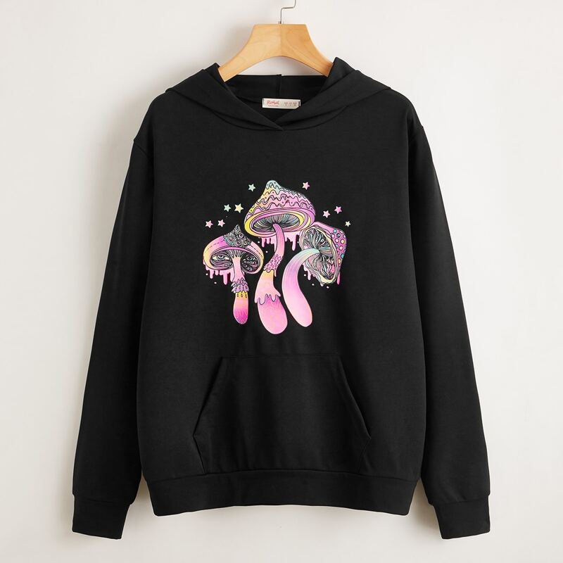 

Cartoon Mushroom Graphic Hoodie, Black
