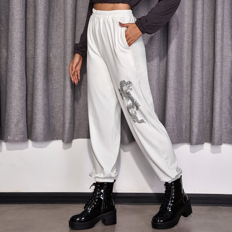 

Chinese Dragon Graphic Thermal Lined Pants, White