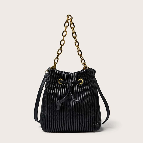 

Ribbed Design Chain Bucket Bag, Black