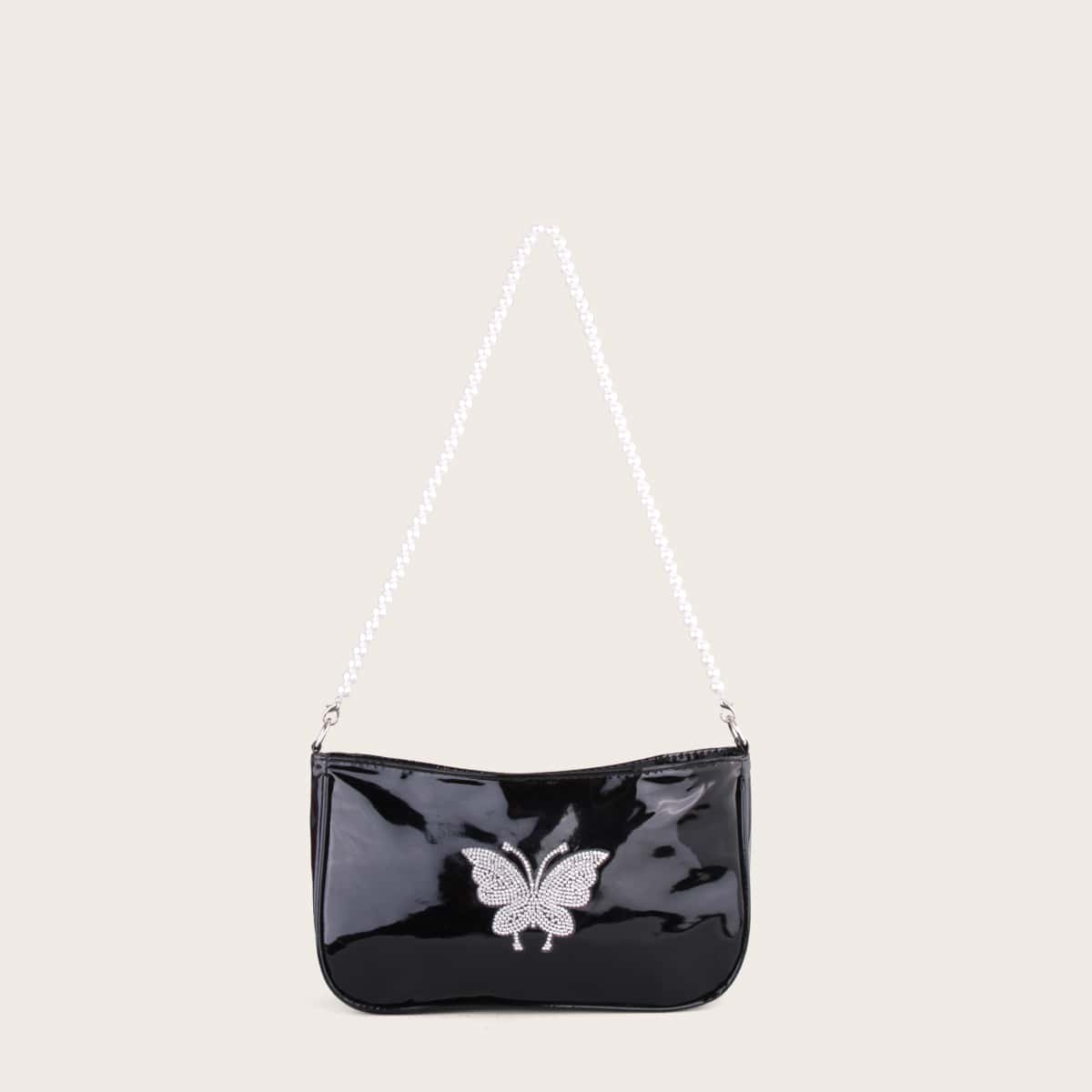 

Butterfly Decor Baguette Bag, Black