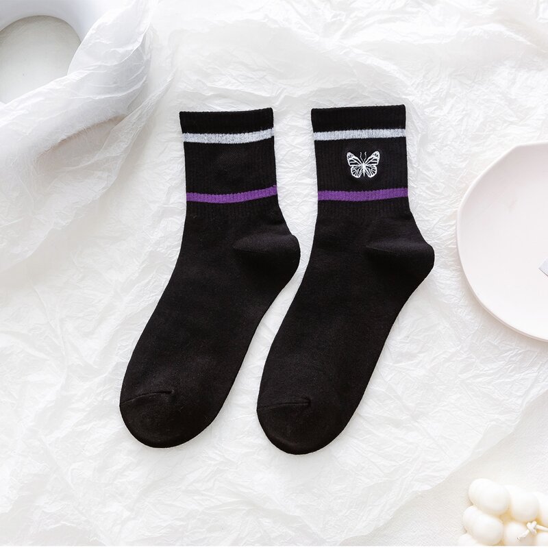 

1pair Butterfly Embroidery Socks, Black
