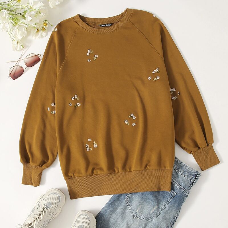 

Floral Embroidery Raglan Sleeve Sweatshirt, Brown