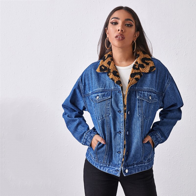 

Button Front Leopard Teddy Insert Denim Jacket, Medium wash