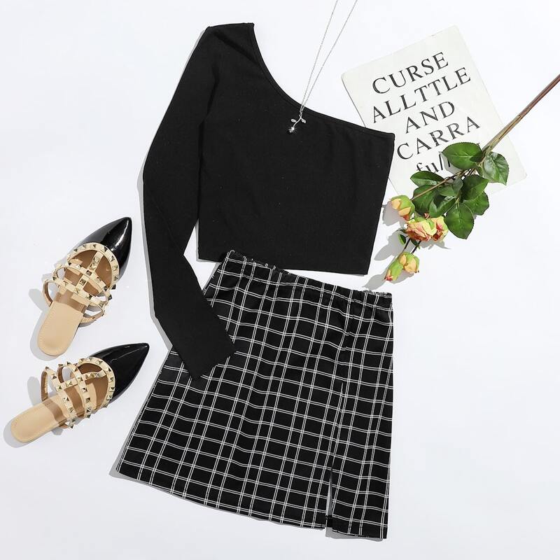 

One Shoulder Tee and Plaid Skirt Set, Black
