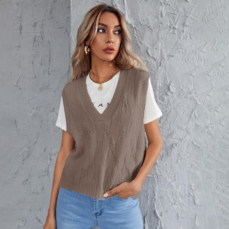 

V-neck Shoulder Pad Sweater Vest, Mocha brown