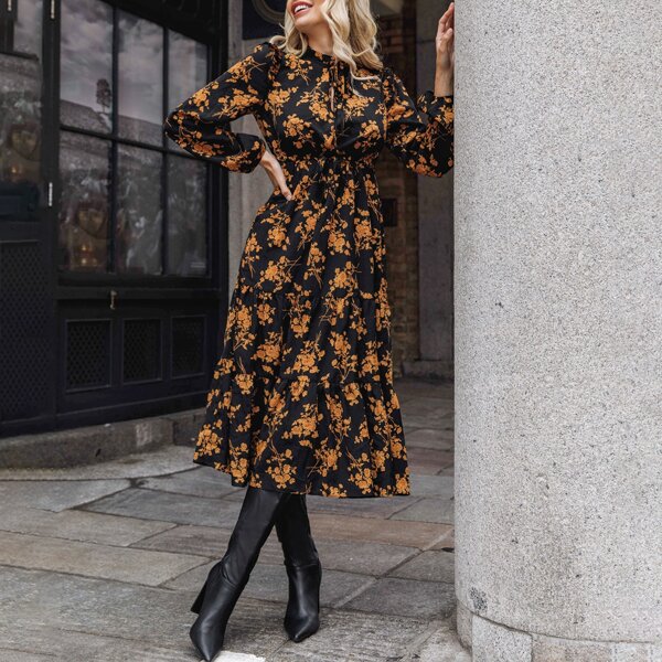 

Floral Print Tie Neck Lantern Sleeve Tiered Dress, Multicolor