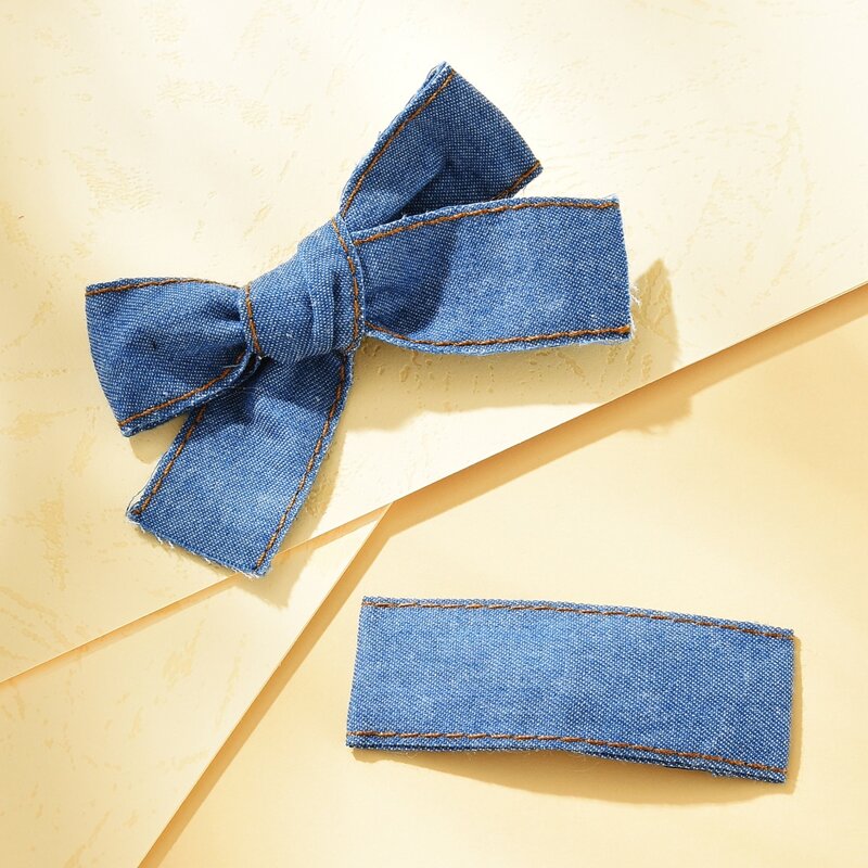 

2pcs Bow Decor Denim Hair Clip, Blue