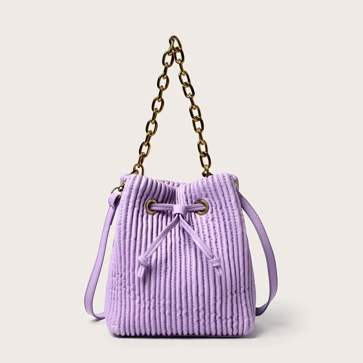

Ribbed Design Chain Bucket Bag, Purple