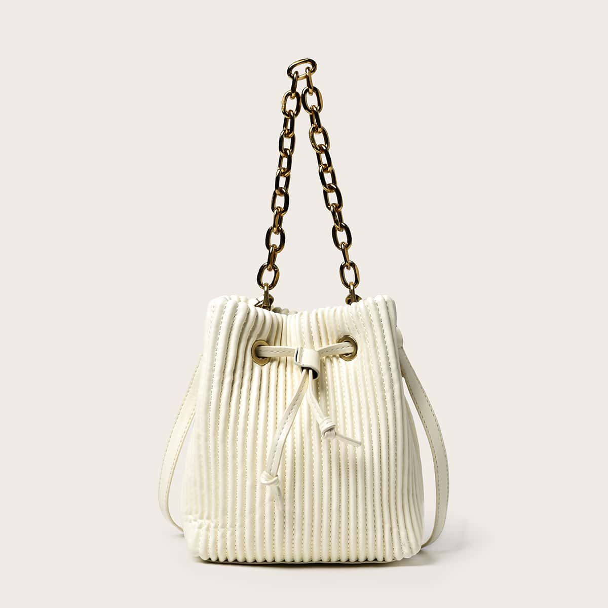 

Ribbed Design Chain Bucket Bag, Beige