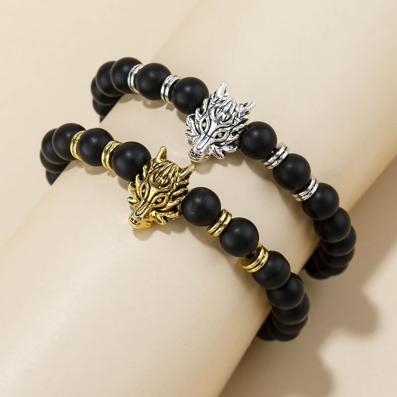 

2pcs Guys Animal Decor Beaded Bracelet, Black