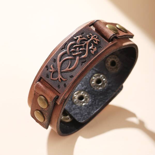 

Men Metal Button PU Leather Bracelet, Brown