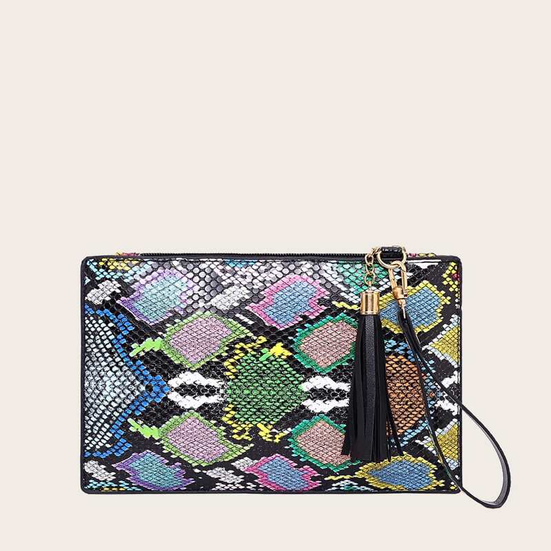 

Tassel Decor Snakeskin Print Clutch Bag, Multicolor