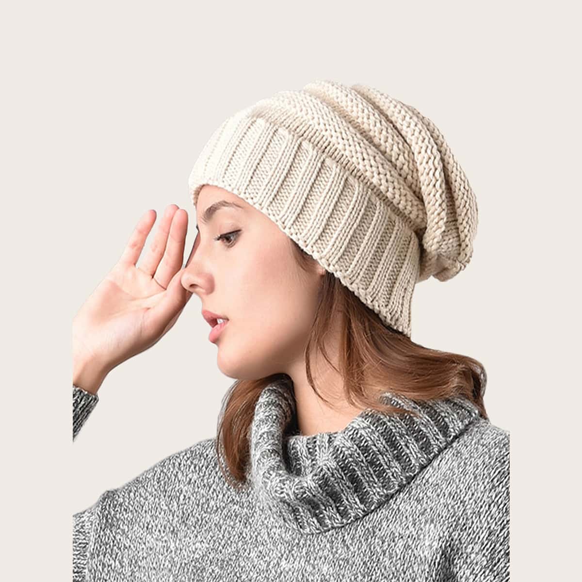 

Simple Knitted Beanie, Beige