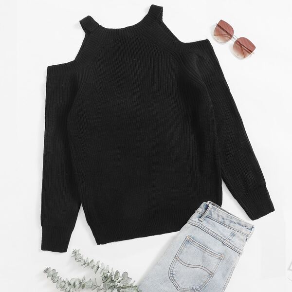

Plus Cold Shoulder Solid Ribbed Knit Sweater, Black