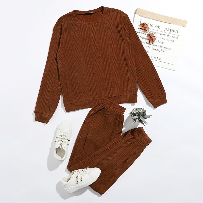 

Rib-knit Solid Pullover & Elastic Waist Pants Set, Rust brown