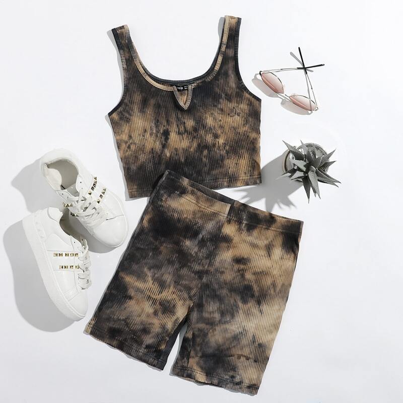 

Tie Dye Notch Neck Crop Tank Top & Biker Shorts Set, Multicolor