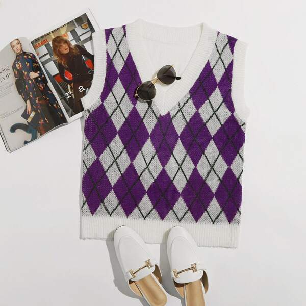 

V-neck Argyle Pattern Sweater Vest, Multicolor