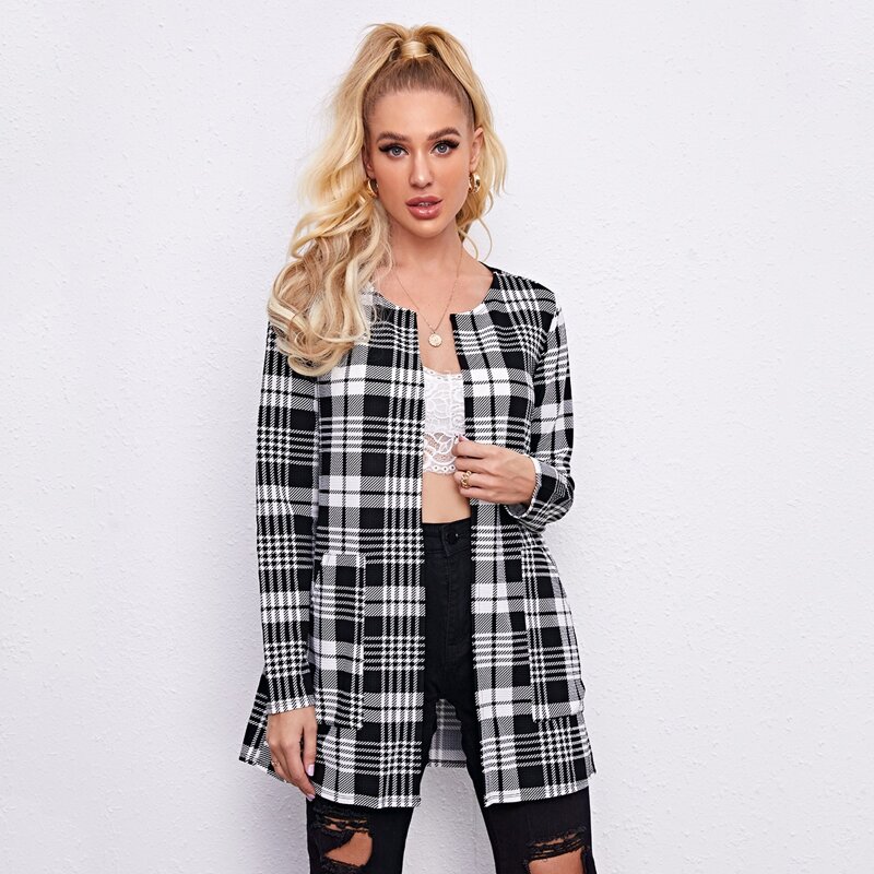 

Open Front Patch Pocket Plaid Coat, Black and white