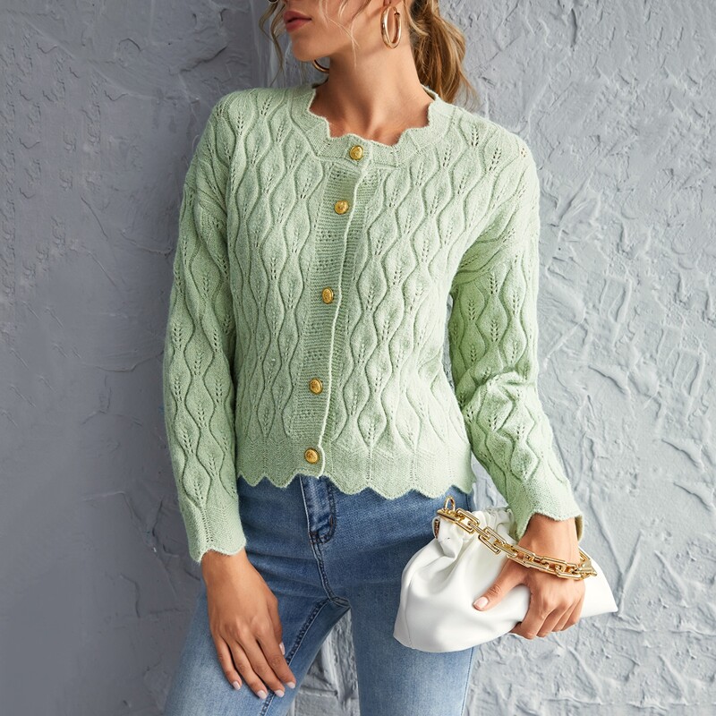 

Button Up Drop Shoulder Scallop Cardigan, Mint green