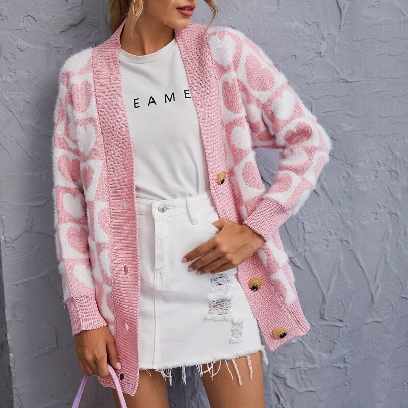

Allover Heart Button Up Cardigan, Baby pink