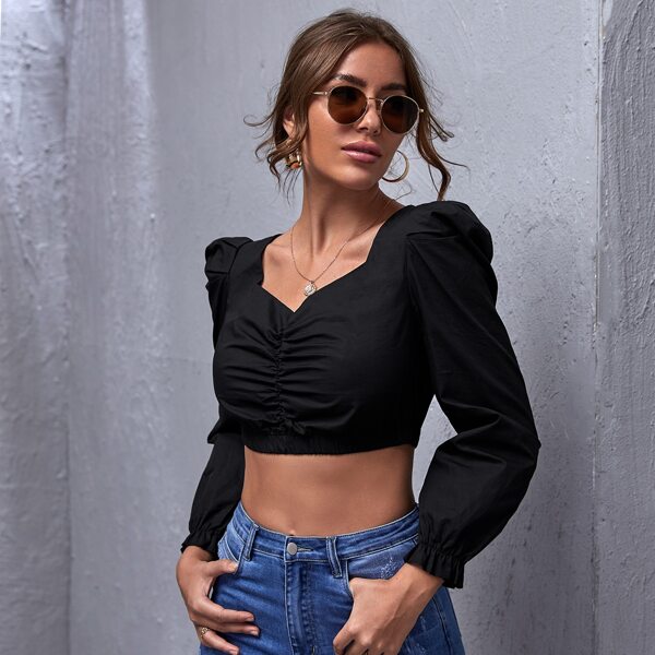 

Ruched Front Gigot Sleeve Crop Top, Black