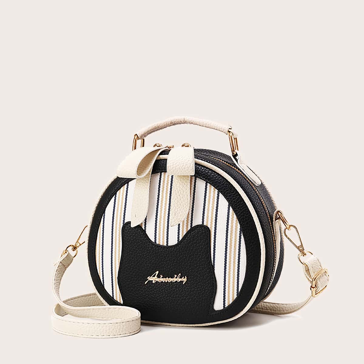 

Striped Satchel Bag, Black and white
