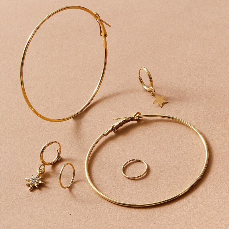 

3pairs Rhinestone Star Hoop Earrings, Gold