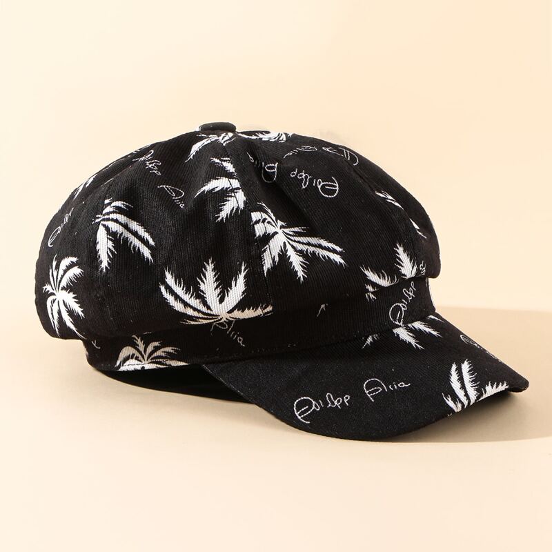 

Guys Letter & Tree Print Baker Boy Hat, Black
