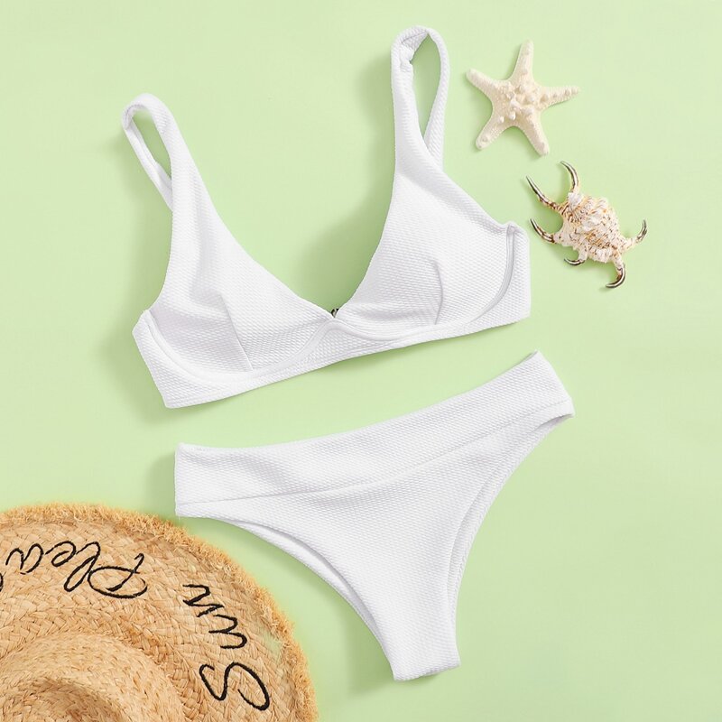 

Plain V Neck Bikini Swimsuit, White