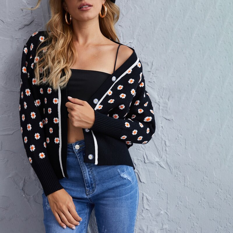 

Flower Pattern Button Through Cardigan, Black