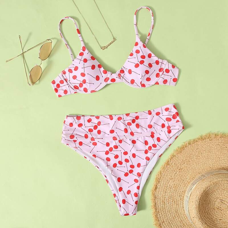 

Cherry Print Underwire High Waist Bikini Swimsuit, Baby pink