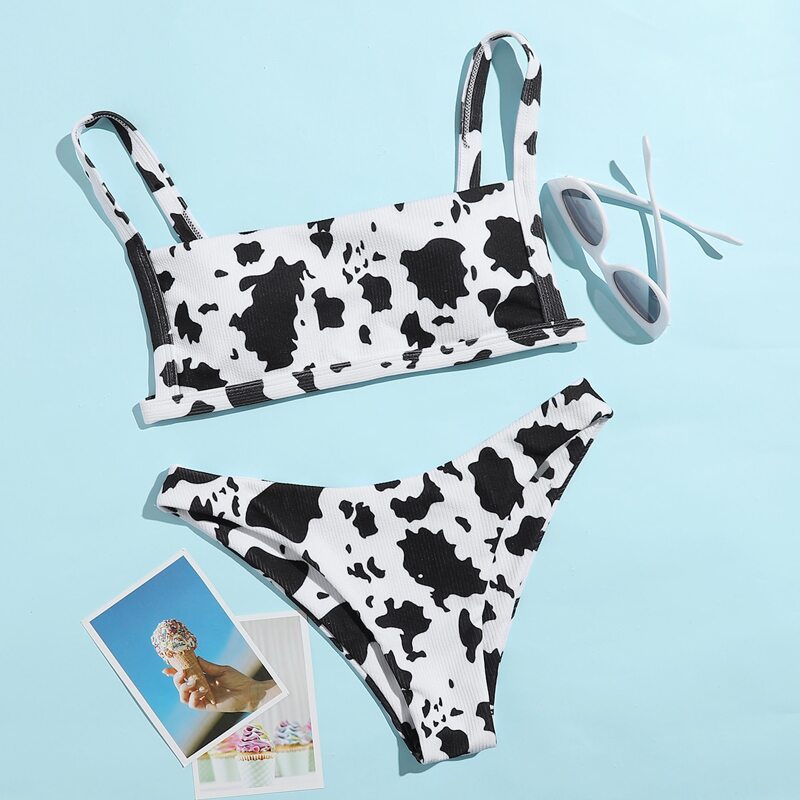 

Cow Print Cami Bikini Swimsuit, Black and white