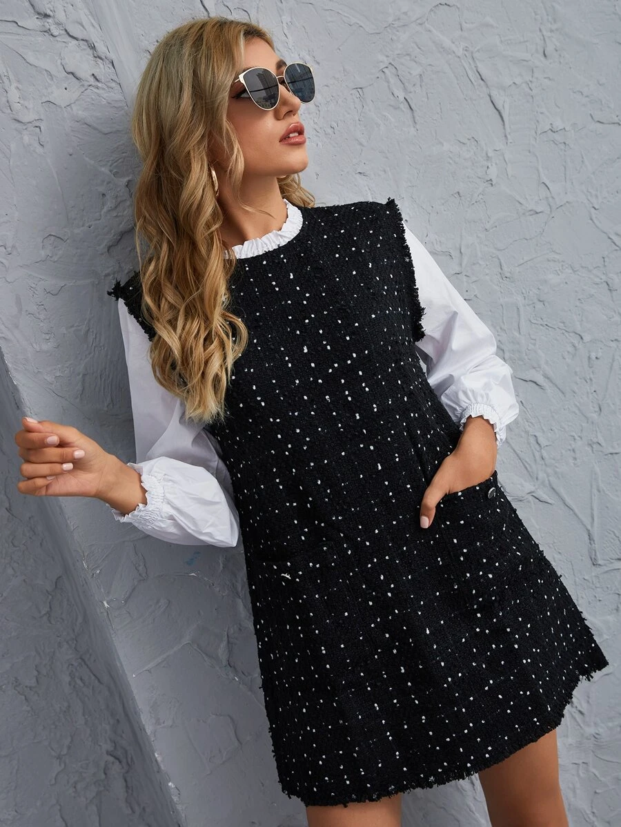 Aveloria Frill Neck Contrast Sleeve Tweed Dress - Black and White - View 1