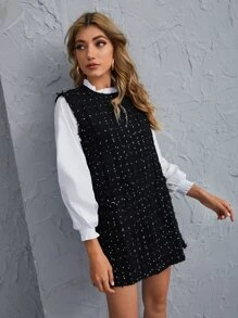 Aveloria Frill Neck Contrast Sleeve Tweed Dress - Black and White - View 5