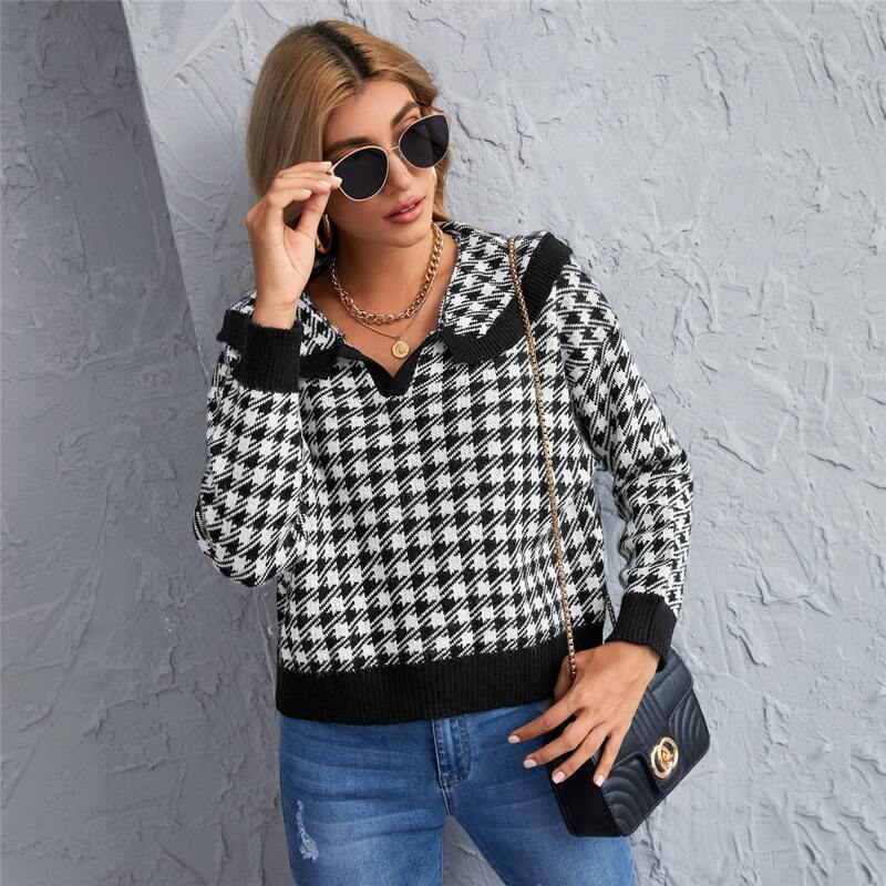 

Houndstooth Pattern Drop Shoulder Sweater, Black and white