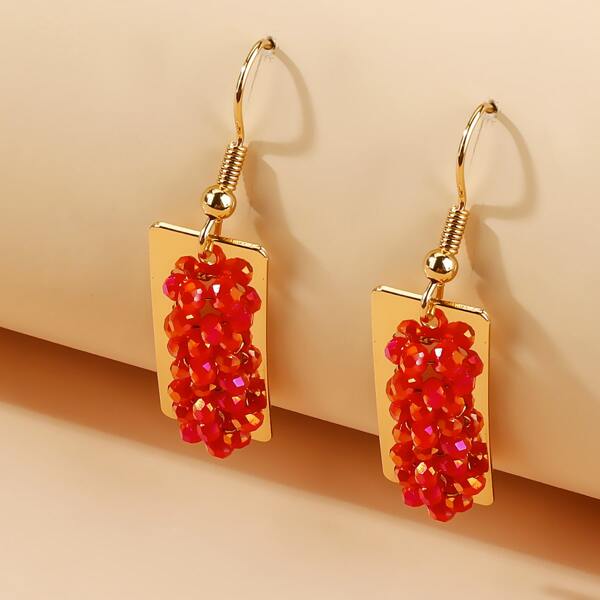 

Bead & Geometric Decor Drop Earrings, Red