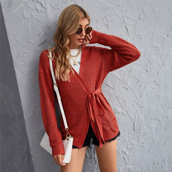 

Knot Side Drop Shoulder Cardigan, Red