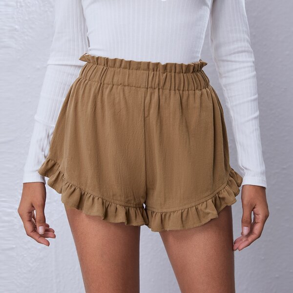 

Paperbag Waist Ruffle Hem Shorts, Khaki