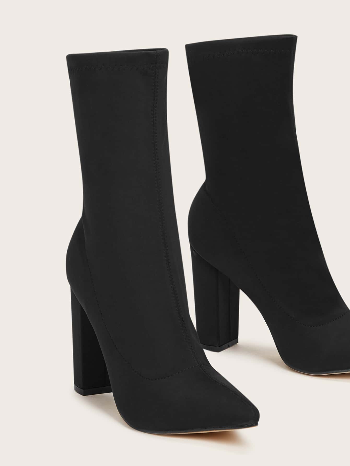 SHEIN BIZwear Minimalist Chunky Heeled Sock Boots, Black Elegant Solid