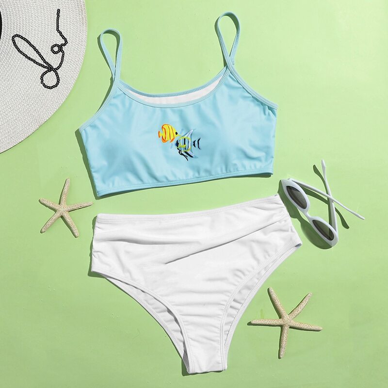 

Fish Print High Waist Bikini Swimsuit, Blue and white