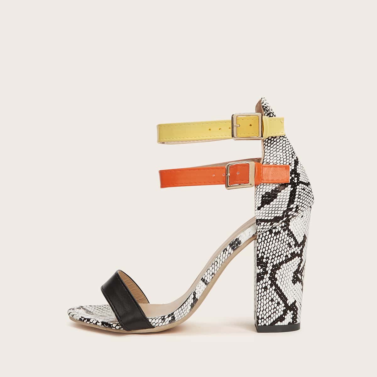 

Snakeskin Ankle Strap Chunky Heel Sandals, Silver